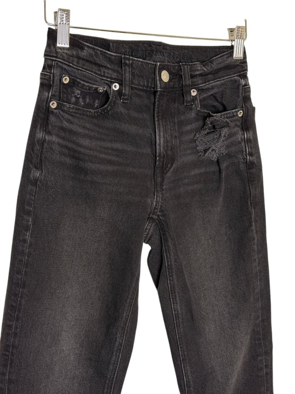 American Eagle Outfitters Real Good Stretch Distressed Jeans Women Black 000 - Picture 2 of 7